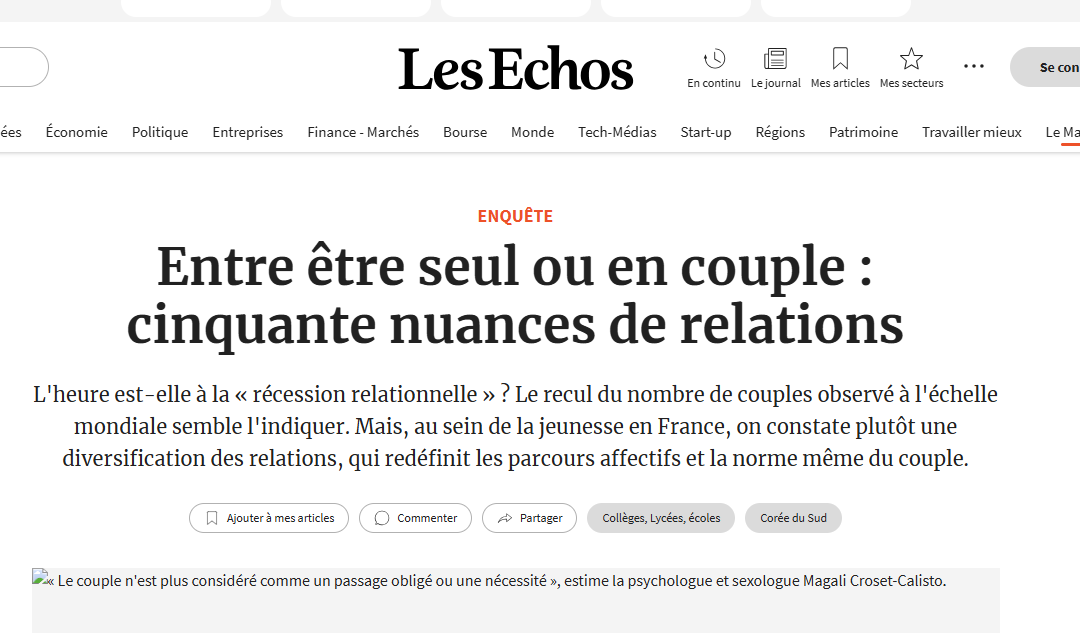 Magali Croset-Calisto répond au journal Les Echos : « Entre être seul ou en couple : cinquante nuances de relations »